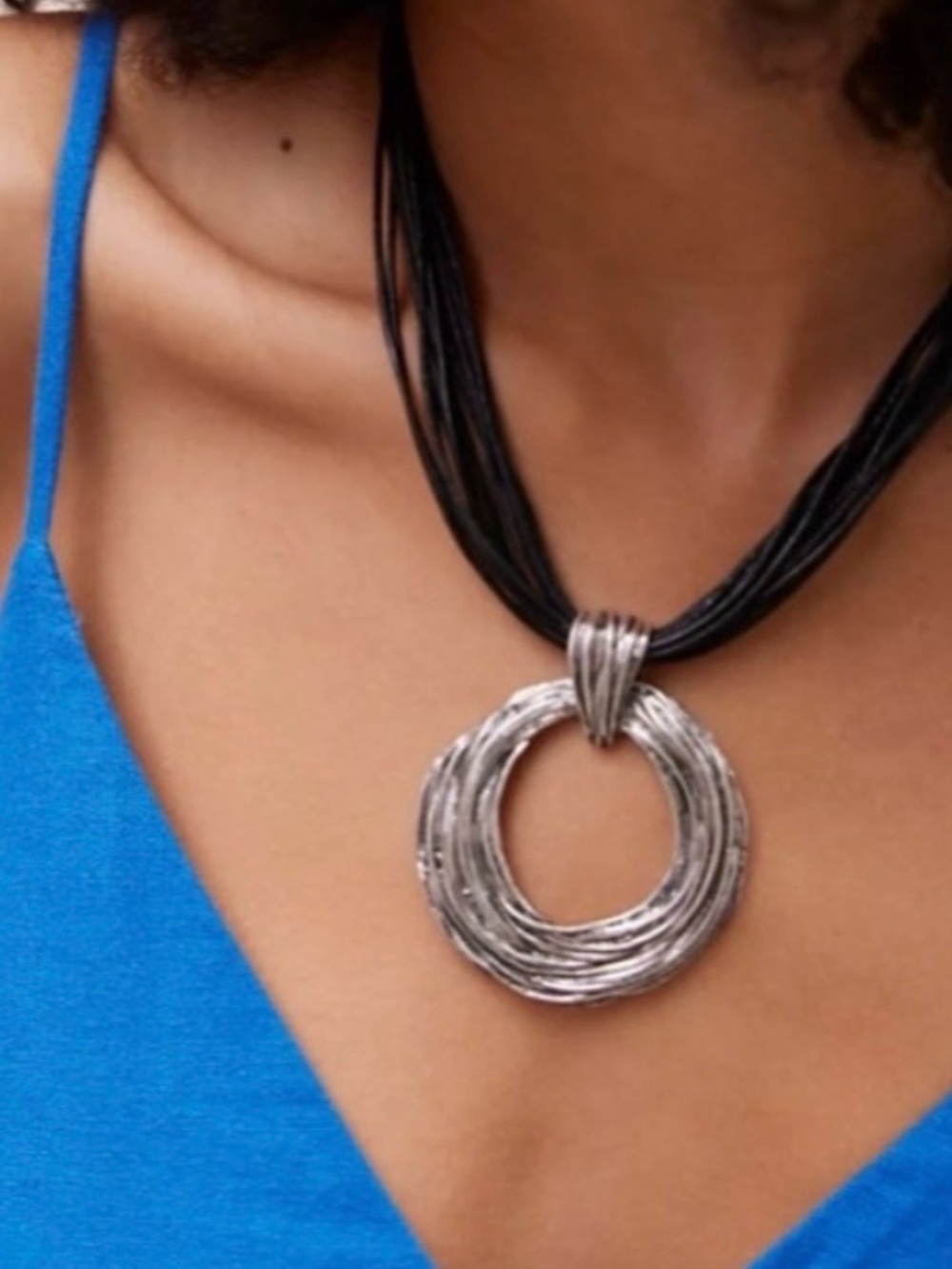 Free People Silver Textured Circle Pendant Necklace with Black Multi-Strand Cord